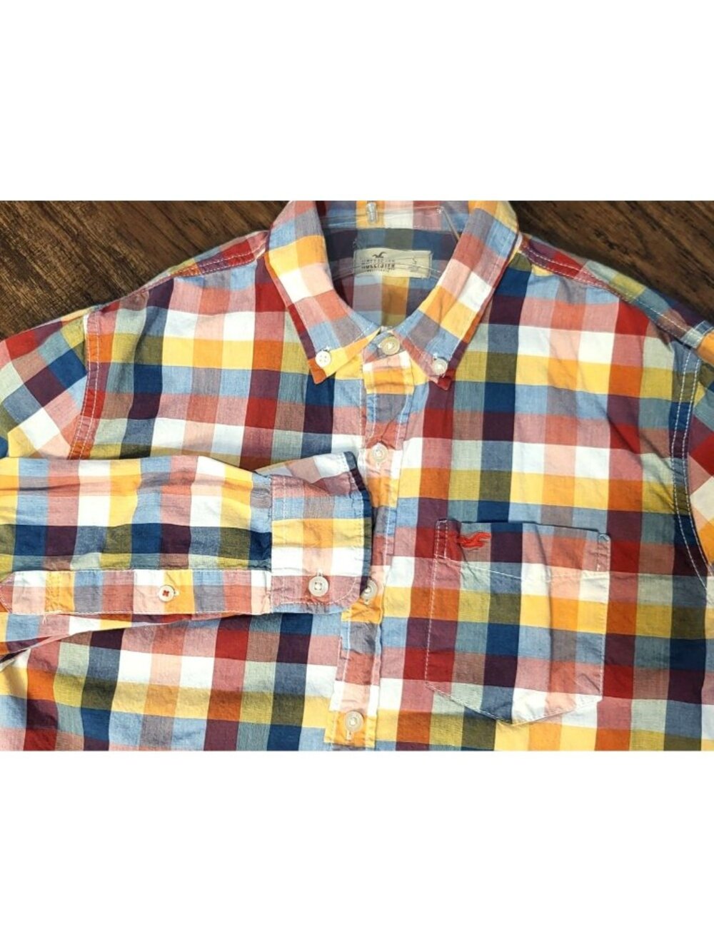 Hollister Blue/Orange/Yellow Checkered Long Sleeve Shirt Meiudm Preppy Casual